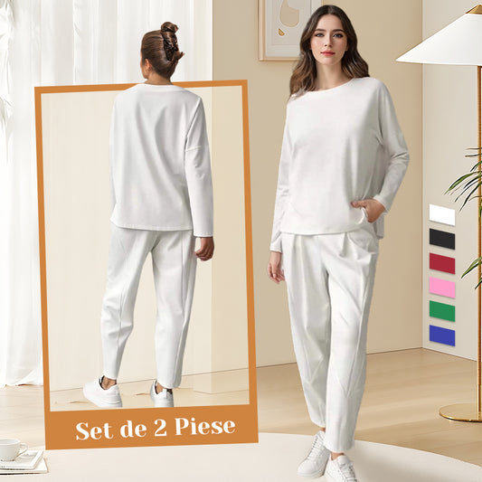 Set de 2 piese cu bluză cu mâneci lungi și gât rotund și pantaloni